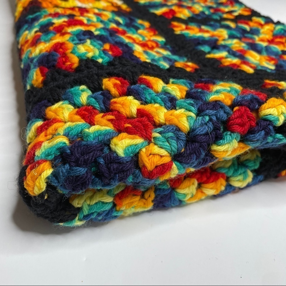 Rainbow and Black Granny Square Crochet Throw Blanket Afghan - Picture 6 of 8